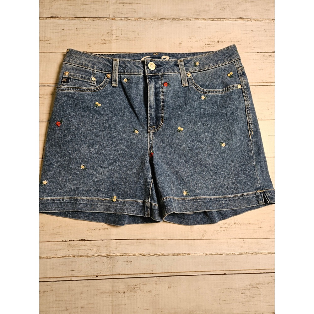 Seven7 Womens Floral Embroidered Denim Shorts Mid Rise Size 10 Boho